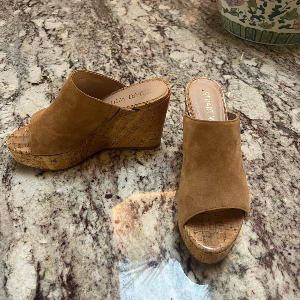 Stuart Weitzman Tan Suede Wedge Sandals